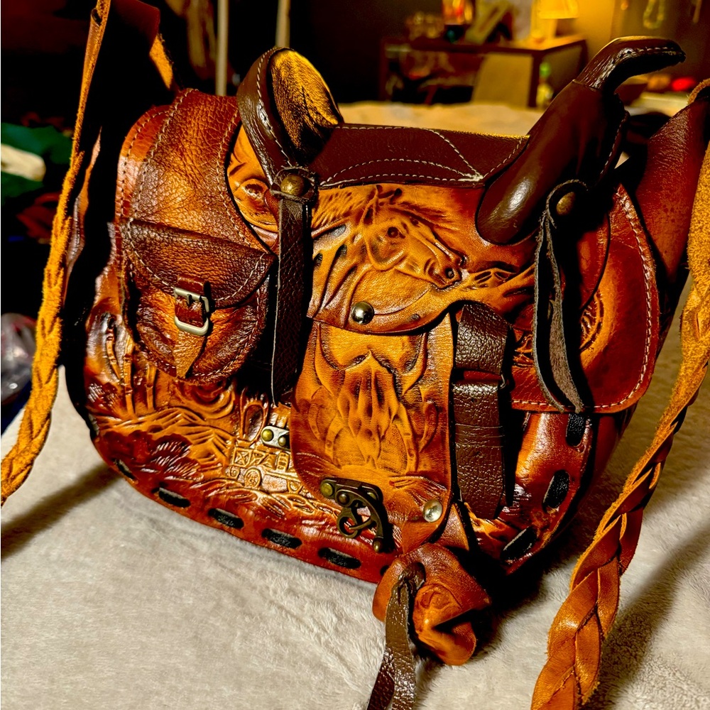 Multi-toned brown leather hand stitched and crafted shoulder bag, embossed